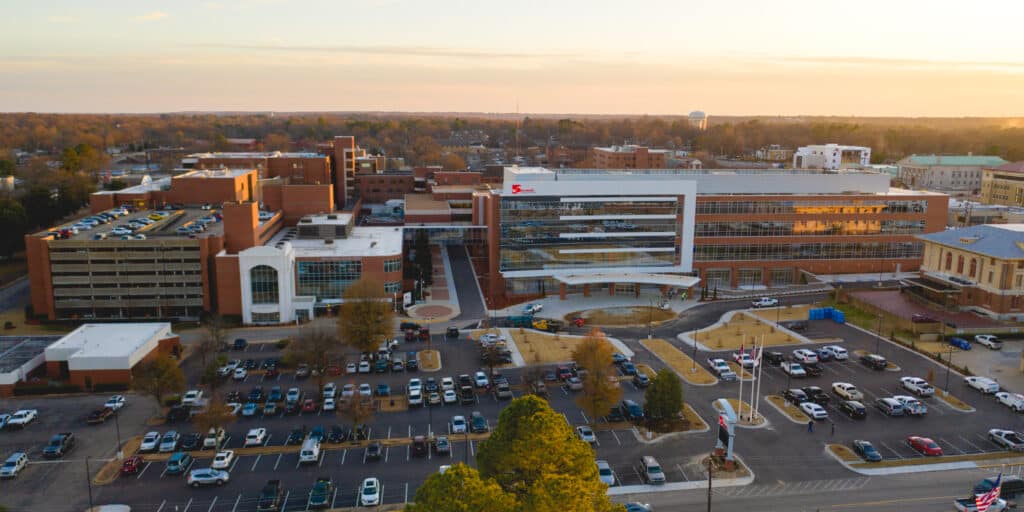 St. Bernards Medical Center building from an aerial view