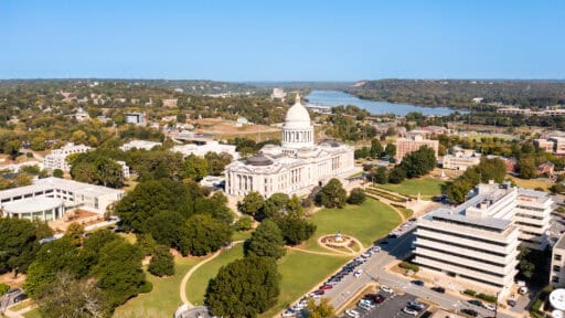 Little Rock Arkansas at the state capitol drone image