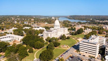 Little Rock Arkansas at the state capitol drone image