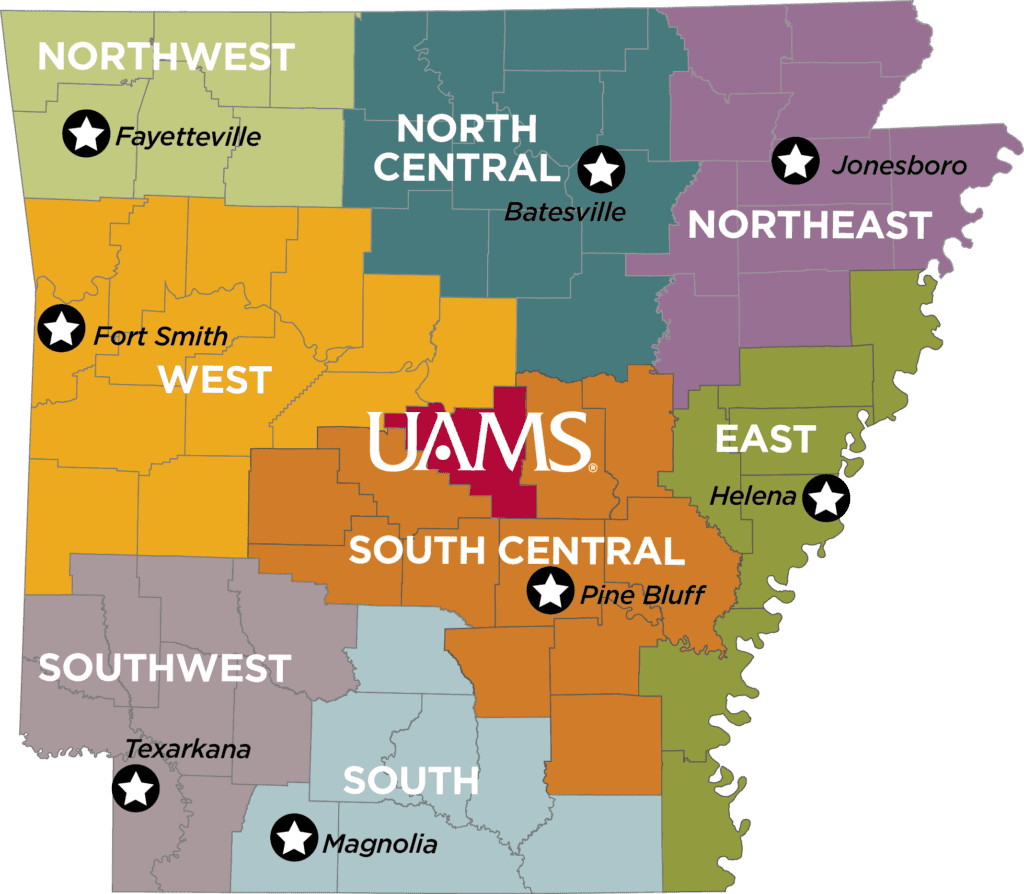 A map of Arkansas is divided into regions, according to the division of UAMS Regional Campus sites: East (Helena), North Central (Batesville), Northeast (Jonesboro), Northwest (Fayetteville), South (Magnolia), South Central (Pine Bluff), Southwest (Texarkana) and West (Fort Smith)