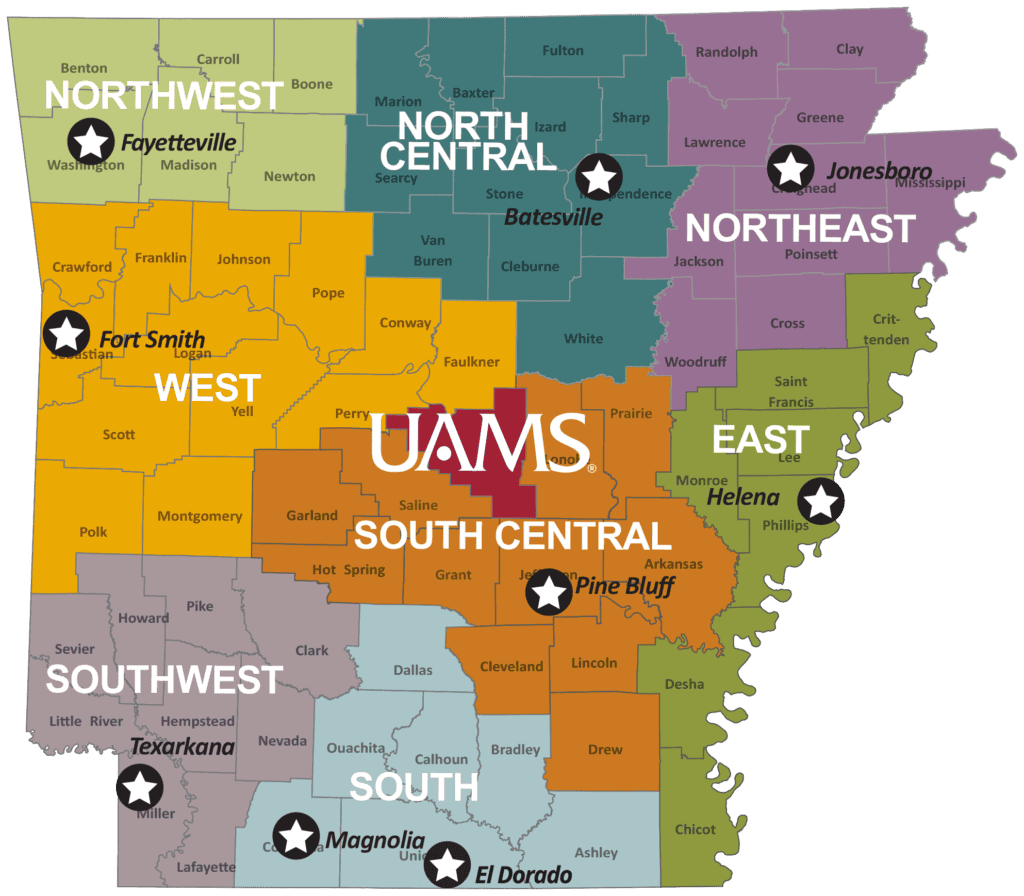 A map of Arkansas is divided into regions, according to the division of UAMS Regional Campus sites: East (Helena), North Central (Batesville), Northeast (Jonesboro), Northwest (Fayetteville), South (Magnolia), South Central (Pine Bluff), Southwest (Texarkana) and West (Fort Smith)