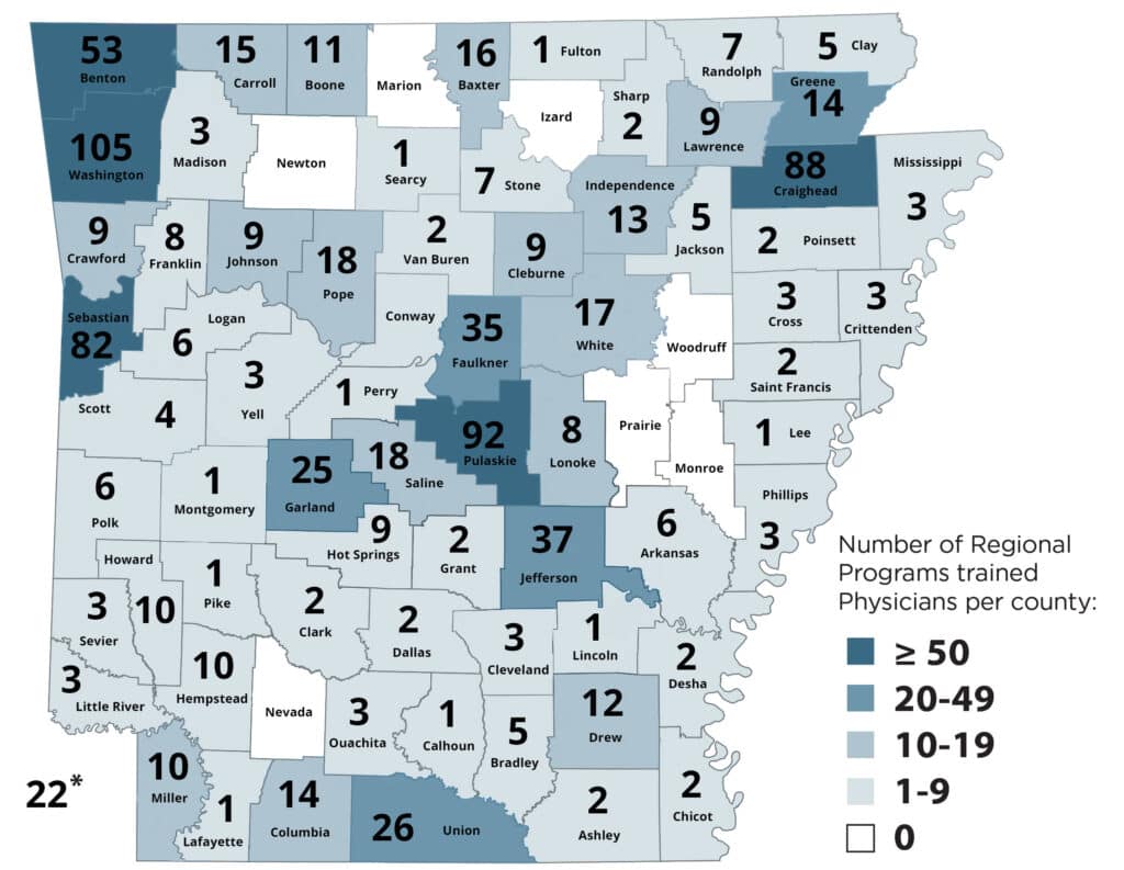 Map of regional campuses practice locations with numbers of physicians trained by regional campuses programs