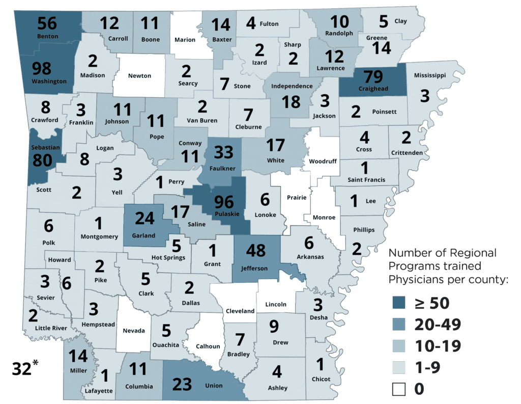 Map of counties in Arkansas where regional campuses trained physicians practice